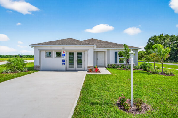 The exterior of the Queen model in Mallard Landing in Okeechobee, Florida