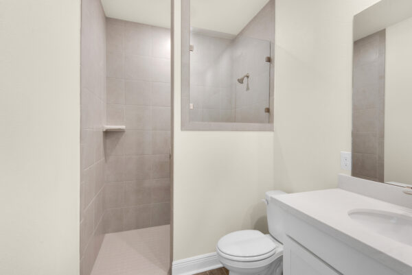 The owners tiled shower of the Bay floorplan from the Cornerstone Collection by Holiday Builders.