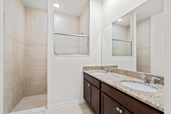 The master bath in the Clearwater floorplan from the Cornerstone collection by Holiday Builders.