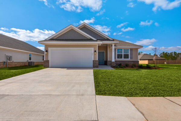 The exterior of the Cypress floorplan from the Cornerstone collection by Holiday Builders.