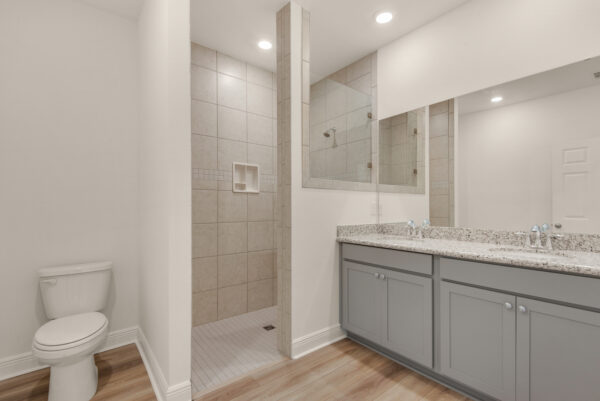 The master bath in the Destin floorplan from the Cornerstone collection by Holiday Builders.