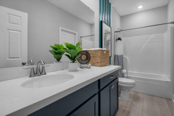 The guest bath in the Hamilton floorplan from the Cornerstone collection by Holiday Builders.