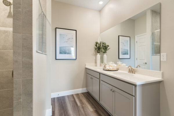The master bath in the Highland floorplan from the Cornerstone collection by Holiday Builders.