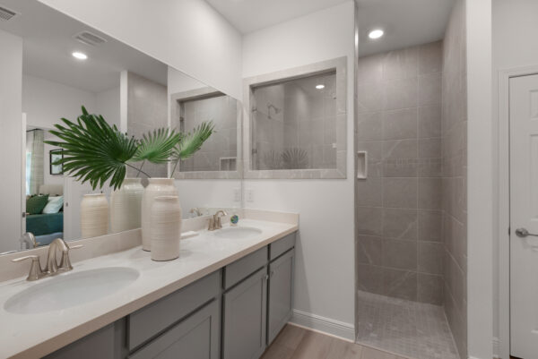 The master bath in the Navarre floorplan from the Cornerstone collection by Holiday Builders.