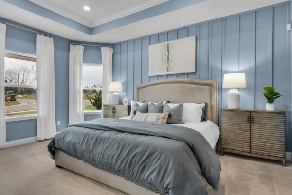 The owners' suite of the Seacrest floorplan, a Holiday Builders' model home in Southern Palms in Pace, Florida.