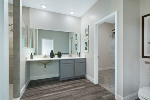 The master bath in the Sanibel floorplan from the Cornerstone collection by Holiday Builders.