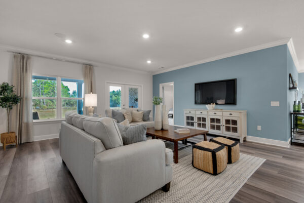The living area in the Santa Rosa floorplan from the Cornerstone collection by Holiday Builders.